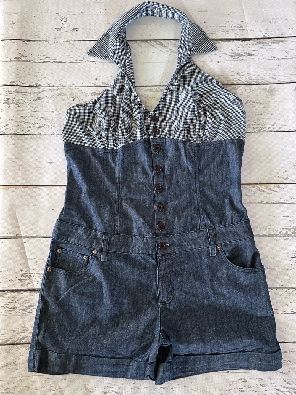 Boom Boom Jeans Denim Halter One-Piece Romper in Blue Sz XL Cotton